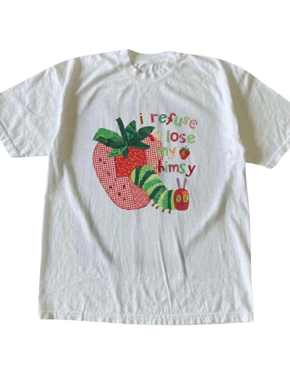 Gildan White Short Sleeve Tee with Strawberry & Caterpillar Graphic